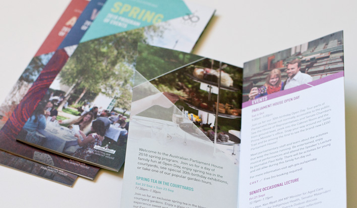 Covers and internal spread of a suite of seasonal program brochures that use the 30 years brand identity alongside the Australian Parliament House branding.