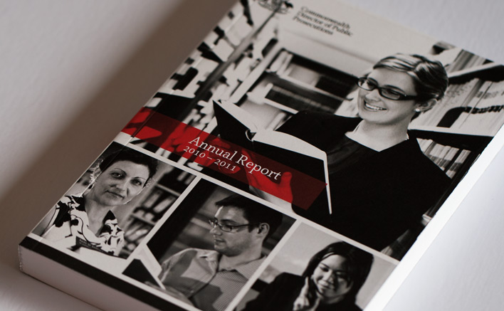 The front cover of the CDPP Annual Report with a vibrant red feature colour and emotive black and white photography of staff from a featured office.