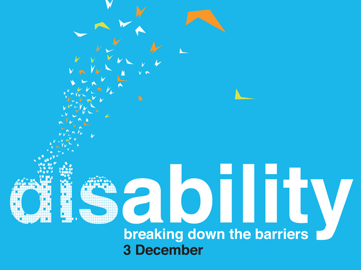 Typography used on one of the posters which reads: disability - breaking down the barriers 3december. The letters d, i and s in disability break into stylised butterflys that fly up and out of the frame of the poster.