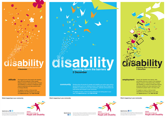 The three posters, each showing a variation of the letters d, i and s in disability break into different elements: into flowers on the poster targeting attitudes, into butterflies on the poster targeting communities, and into work tools on the poster targeting employment.