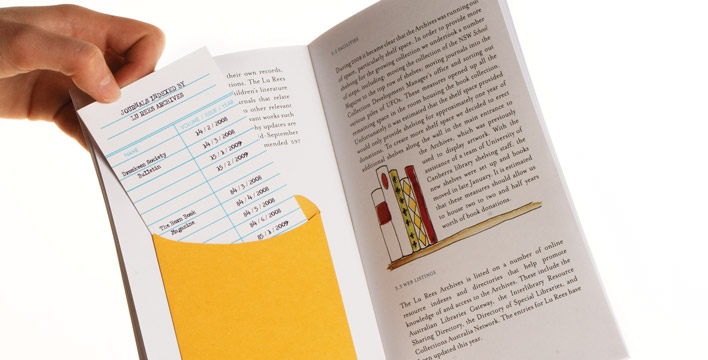 A double page spread from the Lu Rees Archives Annual Report featuring a table styled as a library card.