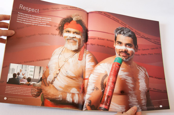 Double page spread of a section start from the Reconciliation Action Plan, featuring two Aboriginal performers standing in front of an artwork at IBA's Brisbane Office opening
