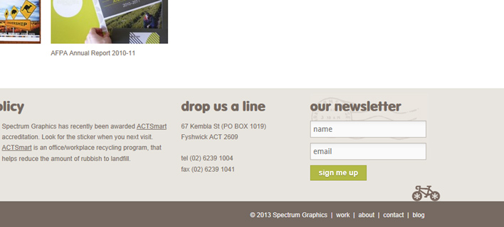 A close up of the website footer featuring a newsletter subscription form, contact information and a sitemap.