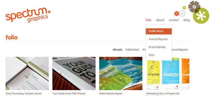 A close up of the drop down menu on the Spectrum Graphics website allows for easy navigation through the portfolio.