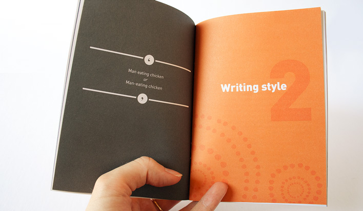 Double page spread of a section start from the style guide, which uses flat bold colours and clean typography. Left page quote: Man eating chicken or man-eating chicken. Right page title: Writing Style