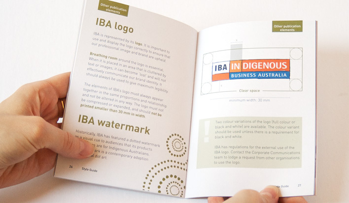 Double page spread of the style guide of the main content with navigation elements along the top corners of the pages. This spread contains information on how IBA should use it's logo.