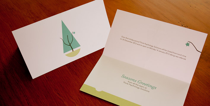 Think Psychology Solutions' first Christmas card features uses a simple triangle overlayed on the logo to dress it up as a Christmas tree.
