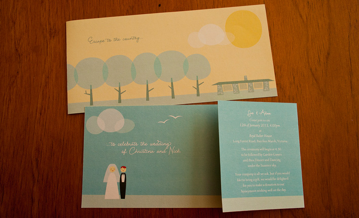 The front and back of the wedding invitation, which had one end folded a third of the way so that the invitation could stand up.